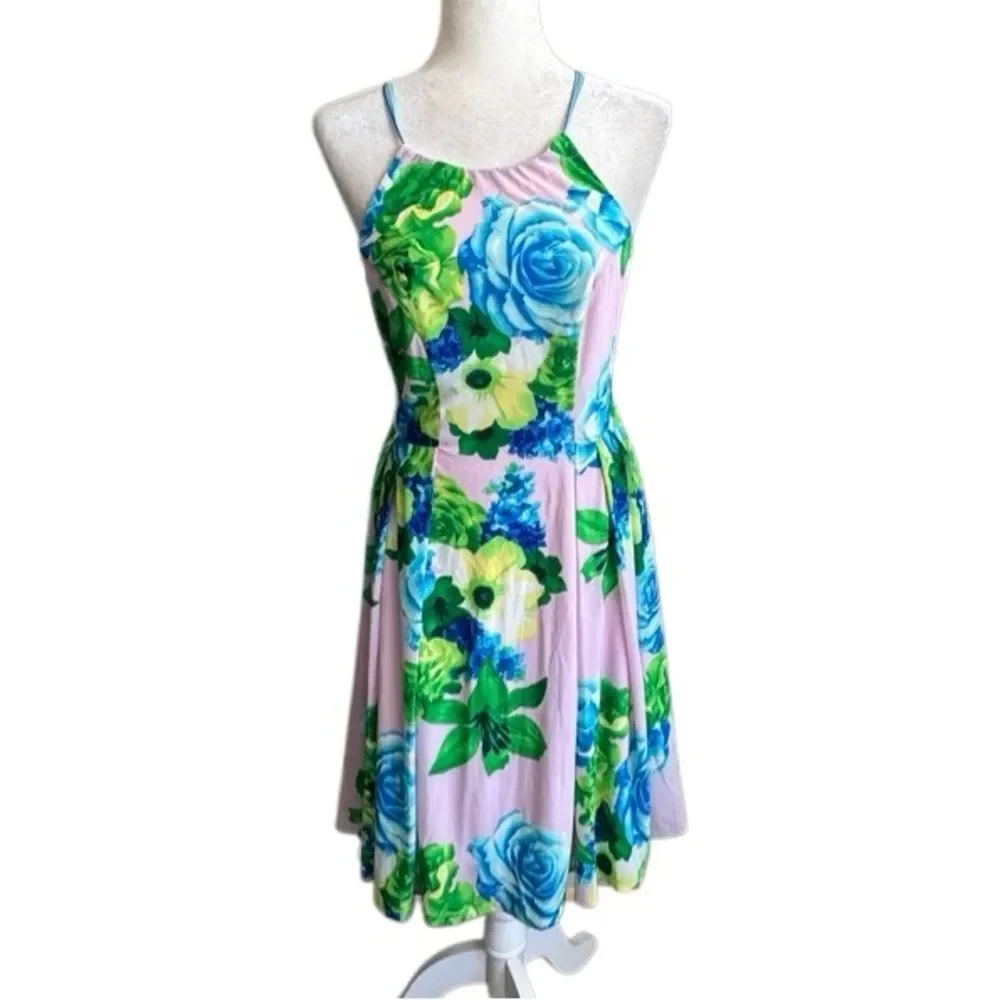 Antropologie Eva Franco Floral Pink Dress Halter Top Keyhole Rare Romantic SZ S